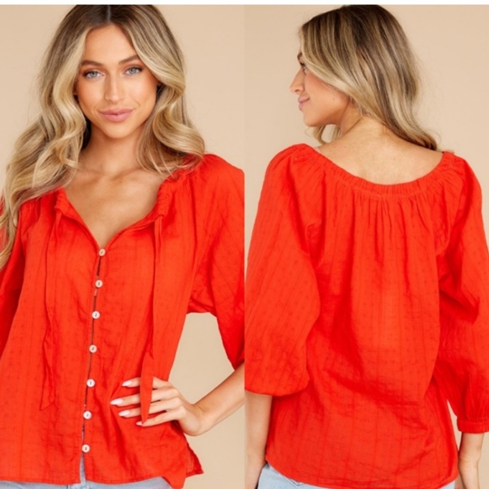 Cleobella Rylan Blouse Bright Cherry Color Drawstring Neckline Shell Button xs